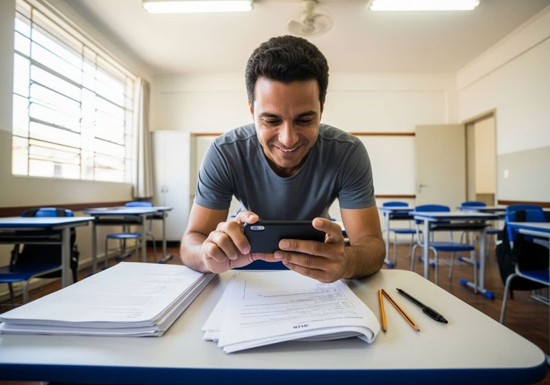 Educador usando celular em sala de aula