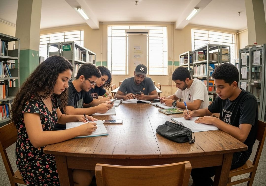 Estudantes brasileiros estudando juntos em biblioteca