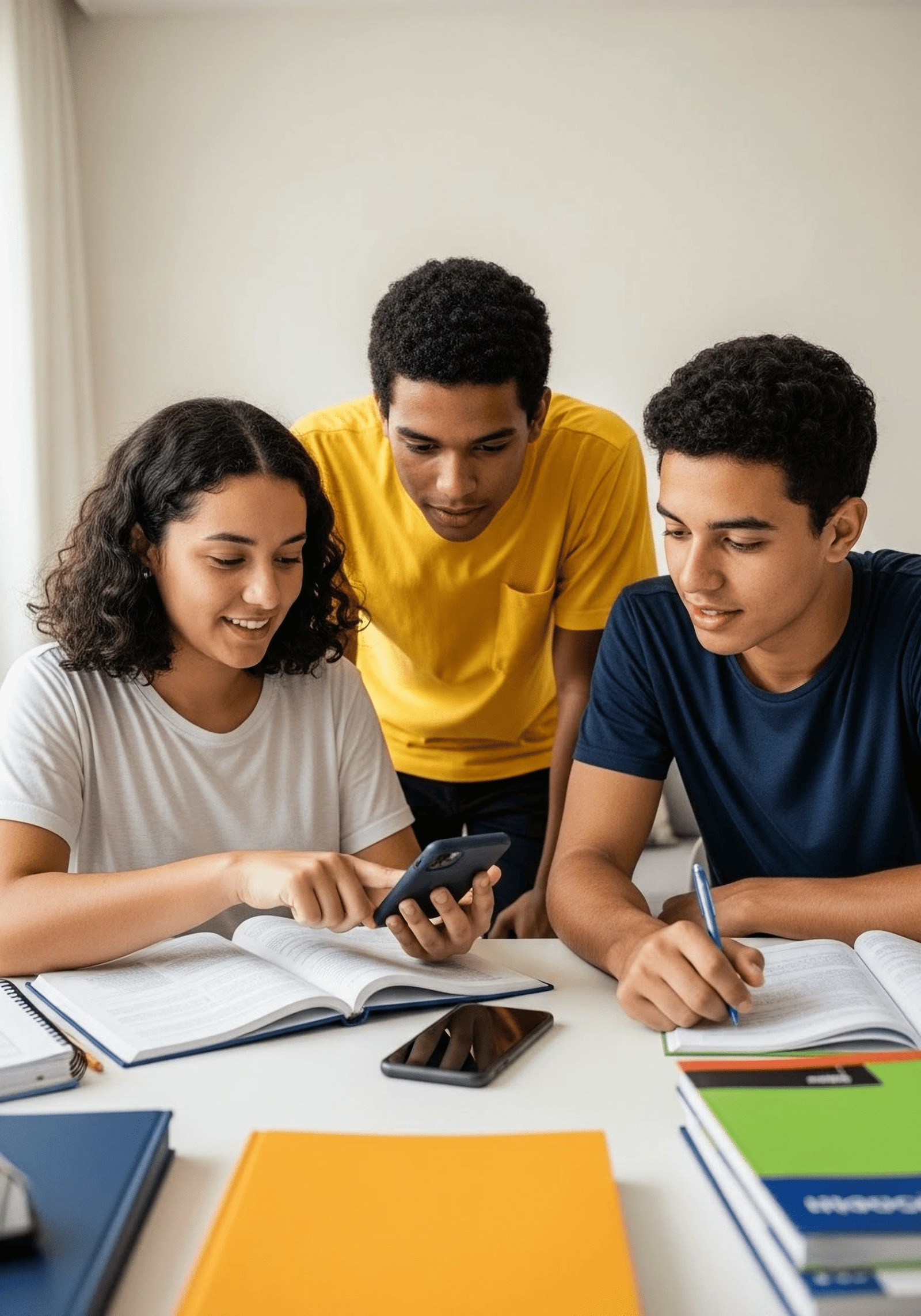 Estudantes aprendendo juntos com celular