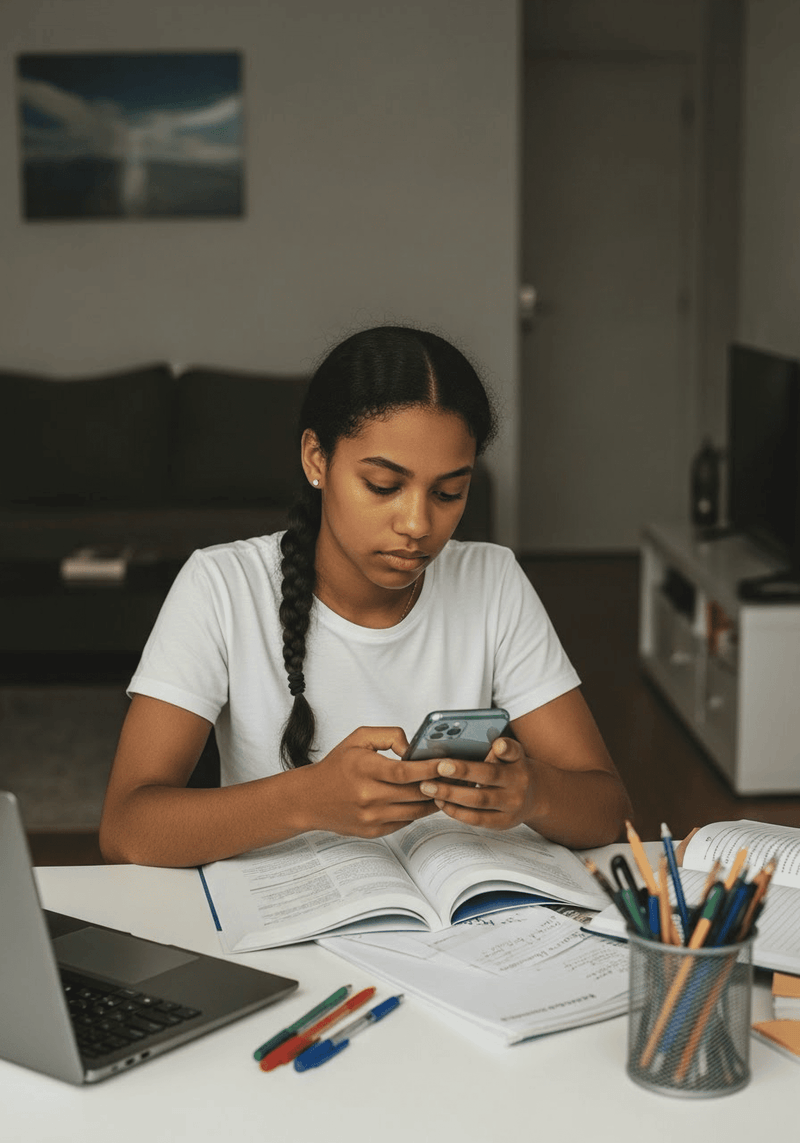 Estudante brasileira estudando com celular e livros
